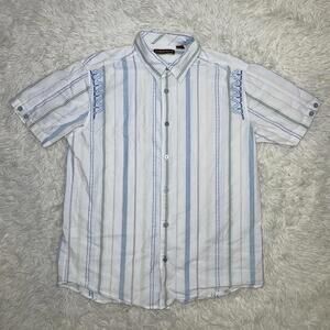 Cubavera Men's Button Up Short Sleeve Collared Shirt White Striped Size L